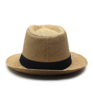 Detailed view of breathable straw fedora hat with a black ribbon band for sun protection