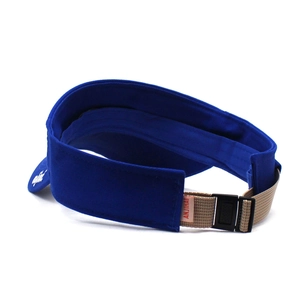 Detail of the adjustable khaki buckle strap and embroidery on royal blue sun visor hat