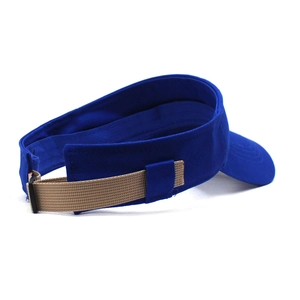 Detail view of the adjustable woven strap and buckle on a blue sun visor hat