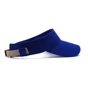Side view of dark blue sun visor with wide brim and tan adjustable strap for sports