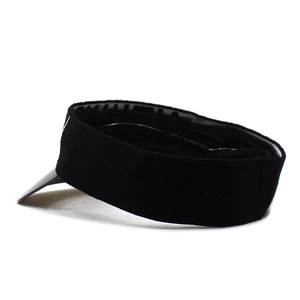 Detail of black sun visor with transparent PVC brim and white embroidery on cotton fabric