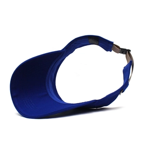 Detail view of adjustable back strap and buckle on blue cotton sun visor hat