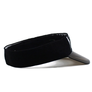 Side view detail of a black open-top visor cap with transparent brim and white embroidery