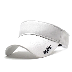 White minimalist sun visor with black letter embroidery and curved brim for outdoor sports