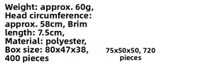 Größentabelle für Visor-Kappe mit 7,5cm Schirm und 58cm Umfang aus Polyestergewebe