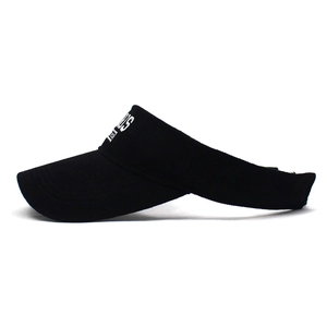Detailed side view of black sun visor with white Paris embroidery and adjustable strap