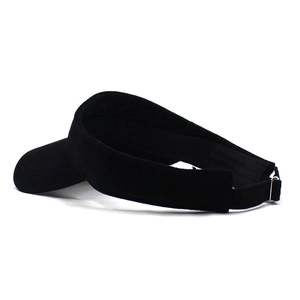 Detail view of black sun visor with adjustable metal buckle and athletic open top design