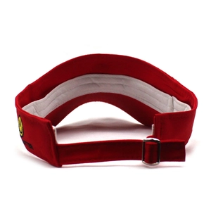 Detail of red sun visor showing sweatband, smile embroidery and adjustable buckle