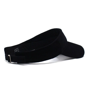 Detail of black corduroy sun visor with adjustable metal buckle and inner wash label
