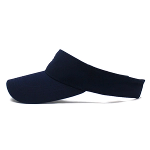 Detail view of navy blue sun visor showing durable cotton twill fabric and stitch lines