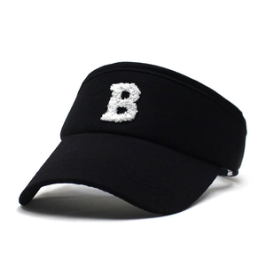 Black sun visor hat with white towel embroidered letter B and adjustable strap