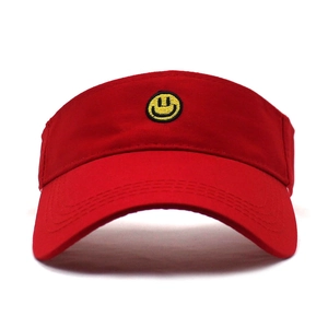 Detailed embroidery of yellow smiley face on red sun visor sport hat for summer