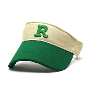 Detail of green 3D embroidered letter R on a beige canvas open-top sun visor hat
