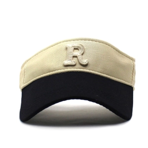 Detailed 3D embroidery of the letter R on a two-tone cotton sun visor hat