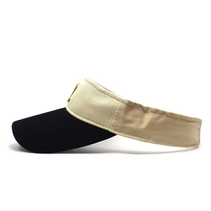 Detail of a two-tone cotton sun visor with R embroidery and reinforced stitching accents