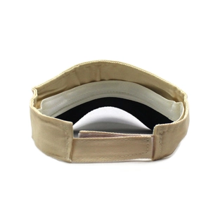 Detail view of cotton sun visor with adjustable velcro strap and sweatband inside