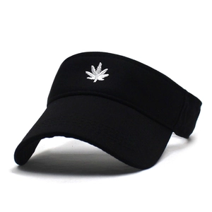Black cotton sun visor hat with white leaf embroidery for men and women
