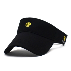 Black sun visor hat with yellow smiley face embroidery for sports and outdoor use