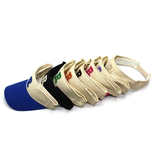 Detailed view of multi-color cotton sun visor hats with 3D letter R embroidery