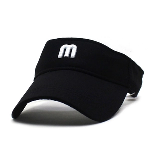 Adjustable black visor hat with white embroidered letter M for outdoor sun protection