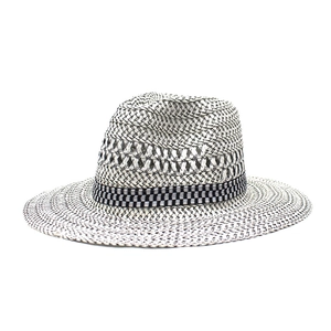 Classic black and white woven straw sun hat with checkered band and wide brim