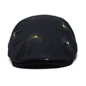 Black cotton flat cap with colorful dandelion print and vintage British style design