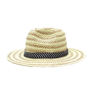 Summer wide brim straw sun hat with black and white striped ribbon for beach vacation