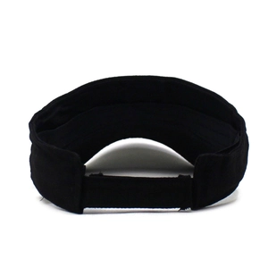 Rear view detail of black sun visor hat featuring adjustable strap and woven fabric texture