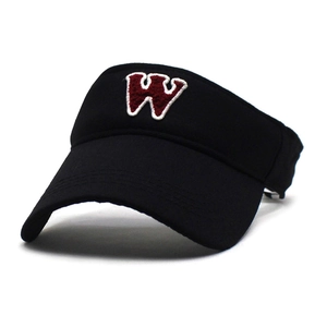 Detail of black open top sun hat featuring a burgundy embroidered letter W logo