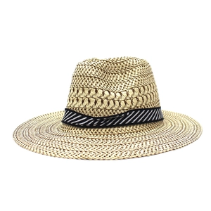 Classic beige woven straw sun hat with black and white striped ribbon for summer beach vacation