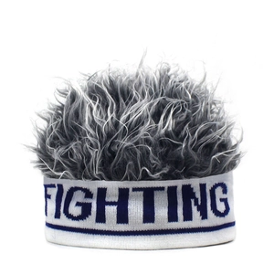 Fighting letter embroidered white knit beanie with silver grey synthetic hair wig