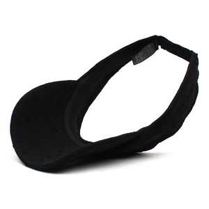 Detail view of black sun visor showing breathable fabric texture and inner sweatband label