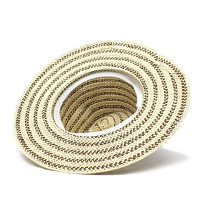 Close-up of a wide-brimmed woven straw hat featuring dual-tone spiral patterns for sun protection