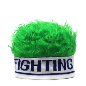 Funny green wig beanie with white knit headband featuring FIGHTING letters text