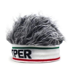 Detail view of a gray wig visor hat with PER lettering on white knitted sports headband