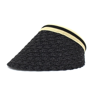 Women's black straw visor hat with breathable weave and beige ribbon for beach sun protection