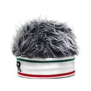Detail of grey wig beanie with striped knitted headband and embroidered R letter