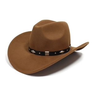 Western Cowboy Fedora Hat For Men Women Wide Brim Felt Jazz Hat With Diamond Studded Belt Outdoor Sun Protection Retro Hat