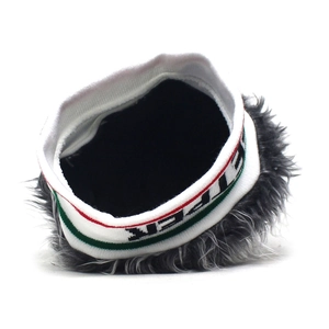 Detail of white knit headband with grey synthetic wig and striped decorative lettering