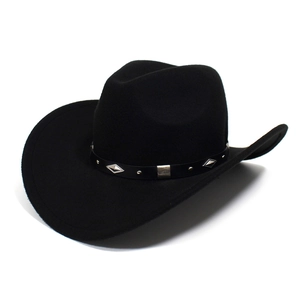 Classic black felt cowboy hat with silver diamond buckles and wide curved brim