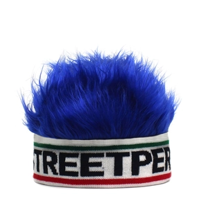 Detail of creative knit street hip-hop beanie with blue faux fur and STREETPER lettering