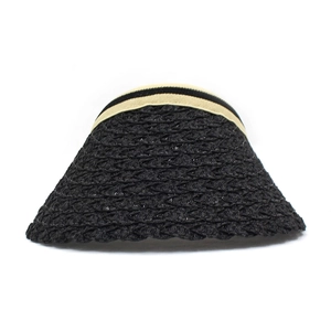 Detail of woven straw sun visor with black body and beige decorative trim on the edge