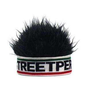 Close-up of hip-hop wig headband with black synthetic hair and STREETPE knit band