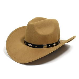 Classic camel wide-brim western cowboy fedora hat with diamond studded leather band