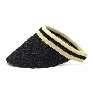 Close-up of black straw woven sun hat brim with beige striped elastic headband detail