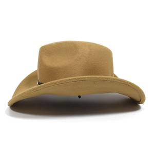Close-up of classic camel felt fedora hat featuring a stylish black diamond patterned band