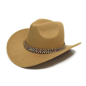 Classic camel western cowboy hat with ethnic woven band on a minimalist white background