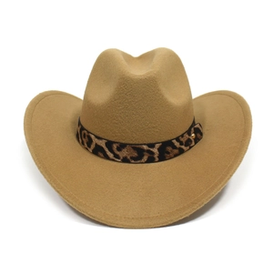 Classic khaki western cowboy hat with leopard print band and wide brim for men and women