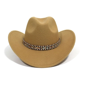 Close-up of khaki felt cowboy hat featuring a colorful bohemian braided decorative band