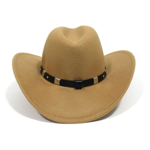 Detail of camel felt cowboy hat with black belt and decorative silver metallic studs